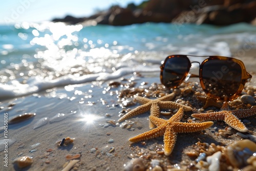 A starfish alongside a pair of sunglasses on the sandy shore, with the sparkling ocean waters reflecting the summer sun © jechm