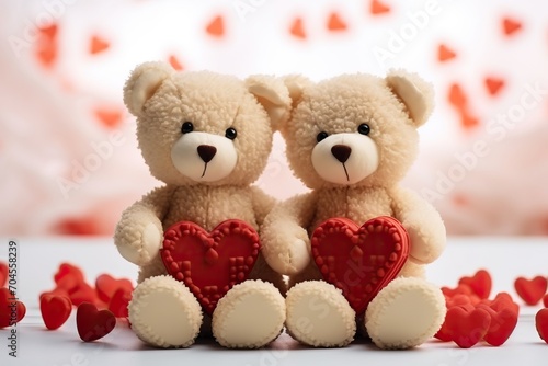 Valentines Day concept with adorable romantic plush bears with red hearts