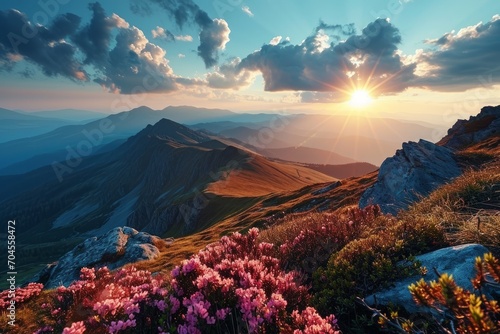 Sunrise Over Blooming Mountain Slopes