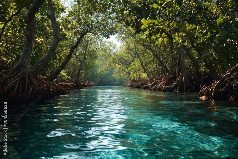 Naklejka premium Tranquil waters flow through a dense mangrove forest, offering a glimpse into a serene tropical ecosystem