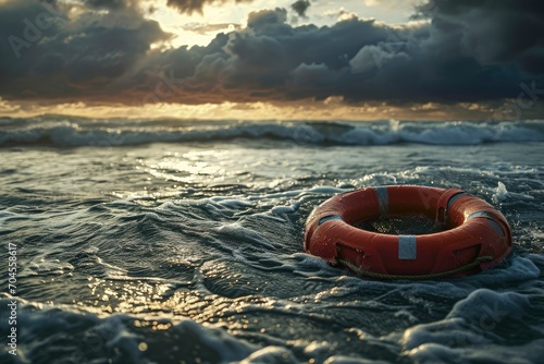 Life buoy on the sea. Safety buoy in the midst of stormy seas. Emergency rescue equipment