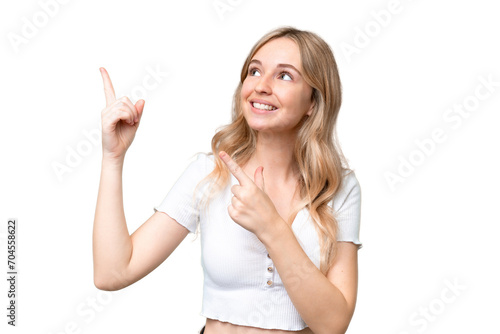 Young English woman over isolated background pointing with the index finger a great idea