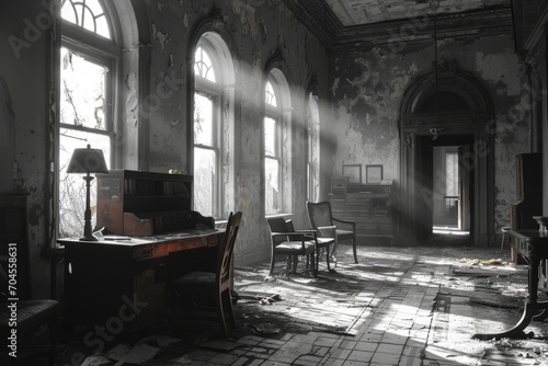 A haunting black and white scene of an abandoned room with a dusty piano bathed in shafts of light