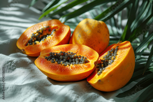 Exotic papayas, halved to showcase juicy centers, brim with vitamins, their tropical freshness embodying summertime fruits' exotic appeal