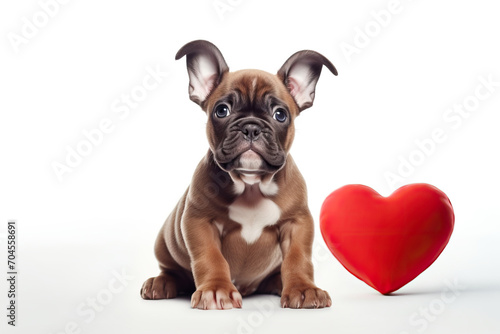 Valentines Day concept cute French Bulldog and red heart, white background