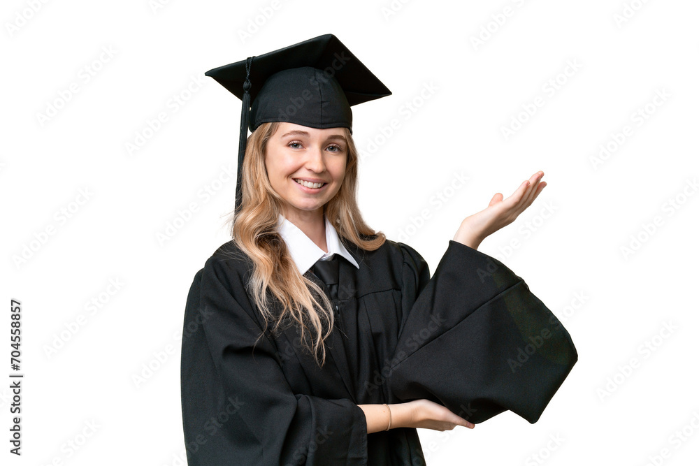 Young university English graduate woman over isolated background extending hands to the side for inviting to come Young university English graduate woman over isolated background extending hands to the side for inviting to come