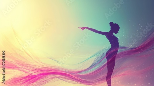 Grace and agility in gymnastics, abstract gymnast silhouette with ribbon-like trails