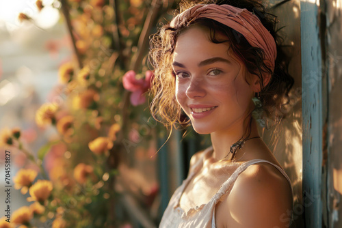 young woman in boho attire poses amidst a sunlit urban garden, showcasing street style