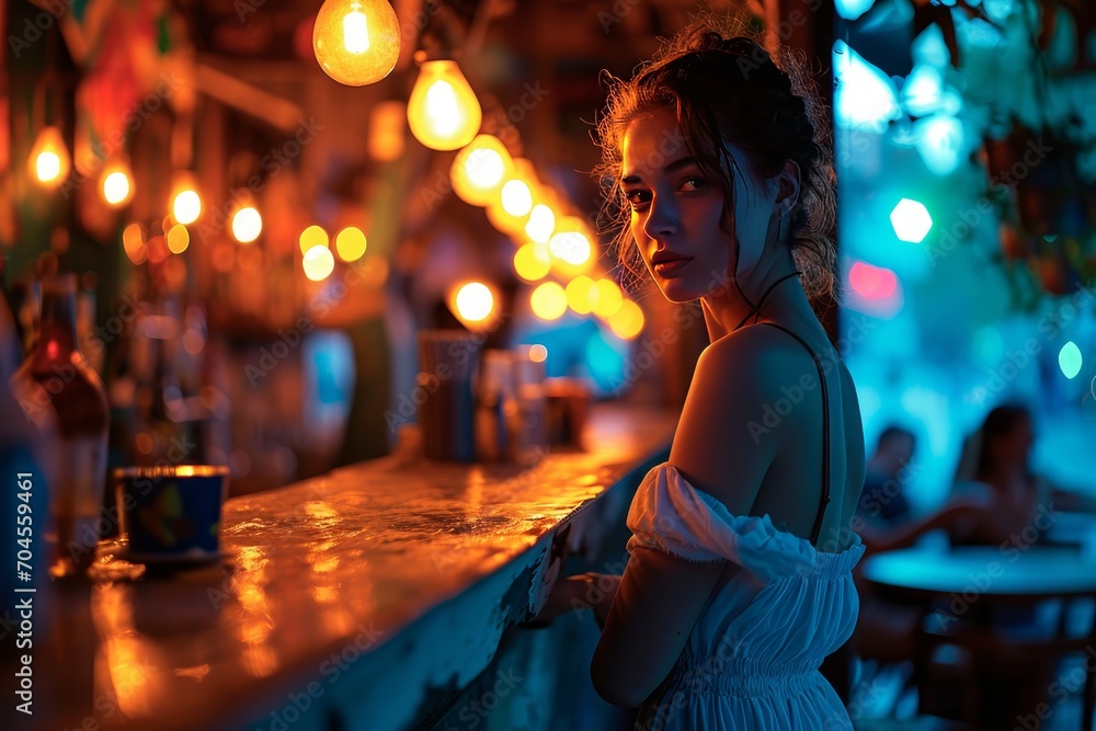 elegant young woman in a blue dress stands inside a vintage bar, her figure illuminated by the warm, ambient lighting - obrazy, fototapety, plakaty 