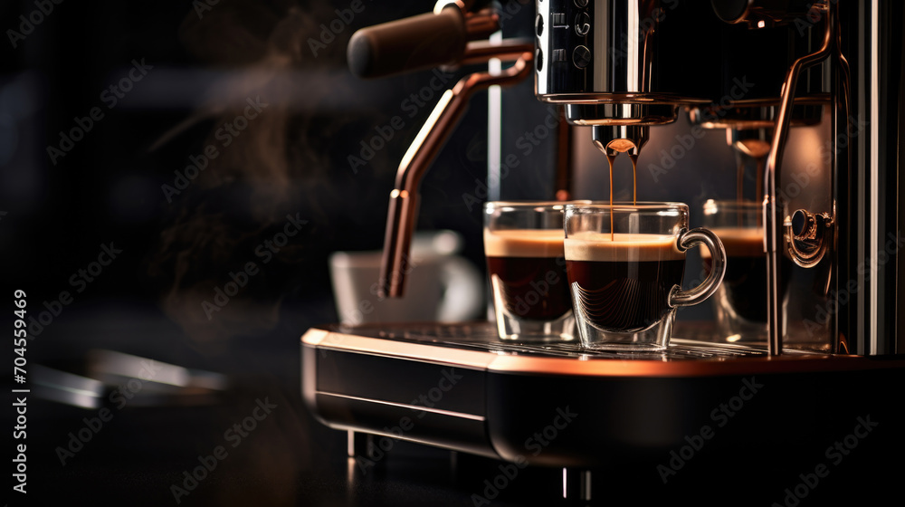 Espresso pouring into a glass, rich crema, coffee machine in action Espresso pouring into a glass, rich crema, coffee machine in action