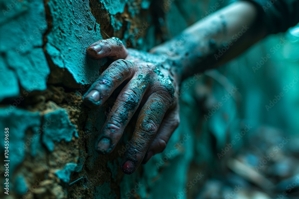 A sinister, mud-covered hand reaching out to touch a mossy forest tree trunk A sinister, mud-covered hand reaching out to touch a mossy forest tree trunk