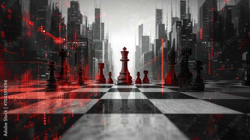 Market competition, abstract chessboard with chess pieces made of skyscrapers, symbolizing strategic business moves, monochrome with red accents - obrazy, fototapety, plakaty 