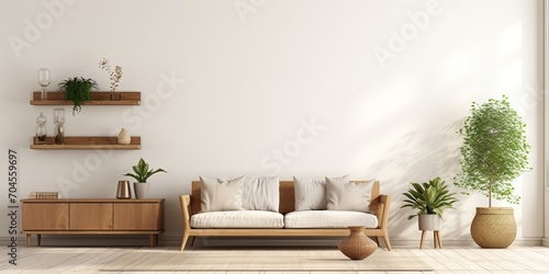 Empty farmhouse living room with white wall, wood furniture, green plants,  © Vusal