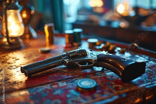 On the table, a weapon of the West: a cowboy's revolver, symbolizing an era of gun violence, crime, and colt firearm showdowns photo
