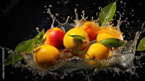 Smooth Fresh Ripe Organic Mango Fruit with leaf falling into water and splashes created with Generative AI Technology