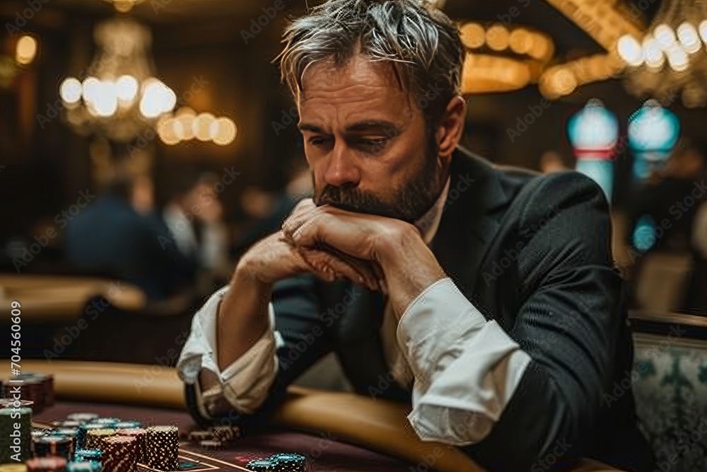 A depressed gambler at a Las Vegas table, his face etched with despair and sadness, captures the desperate problem of gambling addiction