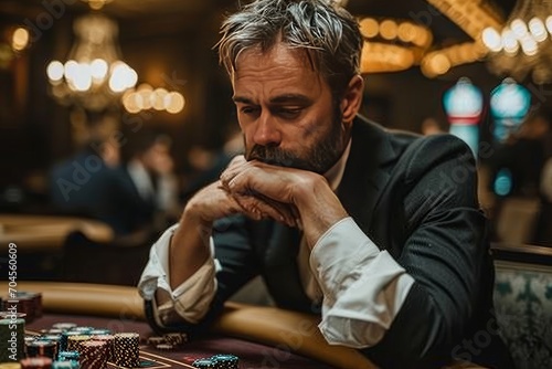 A depressed gambler at a Las Vegas table, his face etched with despair and sadness, captures the desperate problem of gambling addiction © jechm