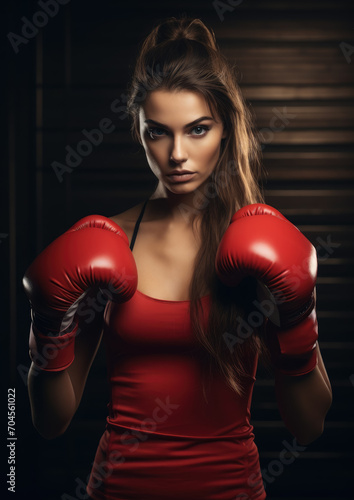 beautiful athletic girl boxer stands in a pose with her hands in boxing gloves near her face, ring, beautiful light, neon lighting, fitness, woman, strong, fight, sport