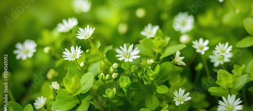 Close up photo of Mouse-ear Chickweed, small flowers discovered in an English lawn in May. photo