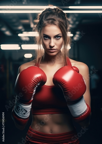 beautiful athletic girl boxer stands in a pose with her hands in boxing gloves near her face, ring, beautiful light, neon lighting, fitness, woman, strong, fight, sport