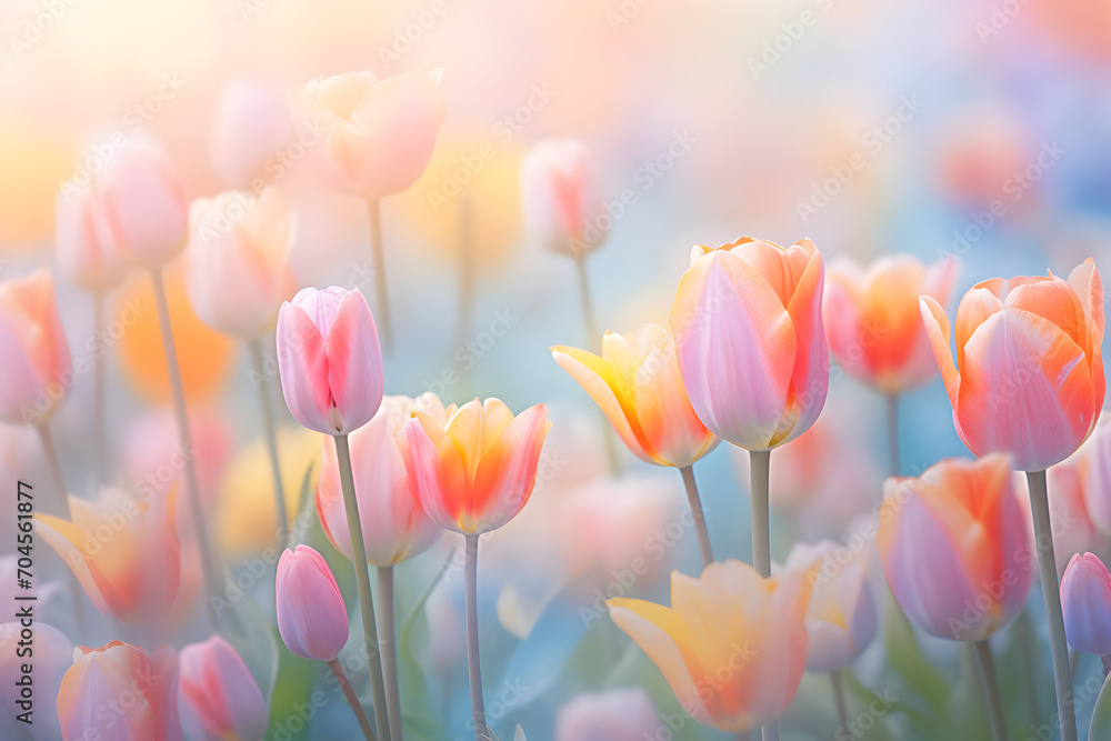 delicate pastel multicolor background with tulips.spring. women's day. March