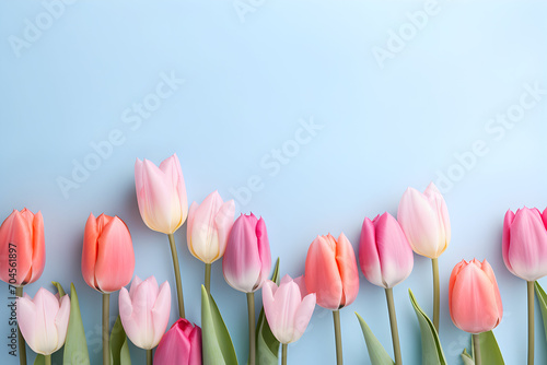 delicate pastel multicolor tulips on a blue flat background.spring. women's day. place for text photo