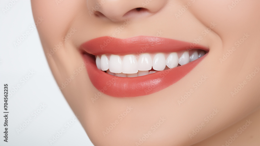 Obraz premium Close-up woman's face with beautiful white teeth and lipstick, Beautiful woman, beautiful teeth, Close-up of an attractive woman's smile, generative ai