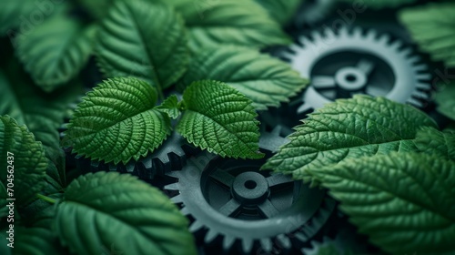 Sustainability in business, abstract green leaves merging with industrial gears, symbolizing eco-friendly practices, natural and metallic textures photo