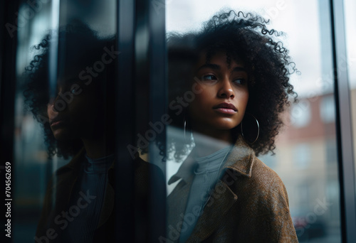 A stylish woman gazes wistfully out of a window, her human face framed by the outdoor scenery, lost in thought and longing
