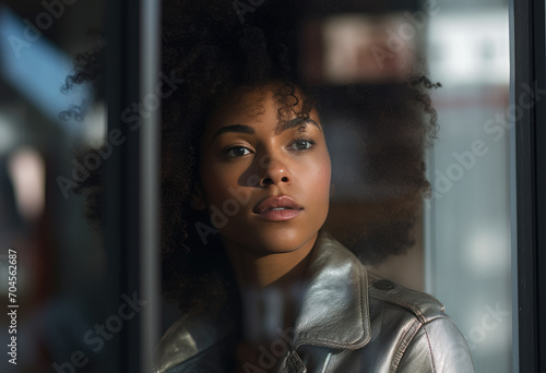 A curious woman gazes through the window, her curly hair framing her face as she contemplates the world beyond