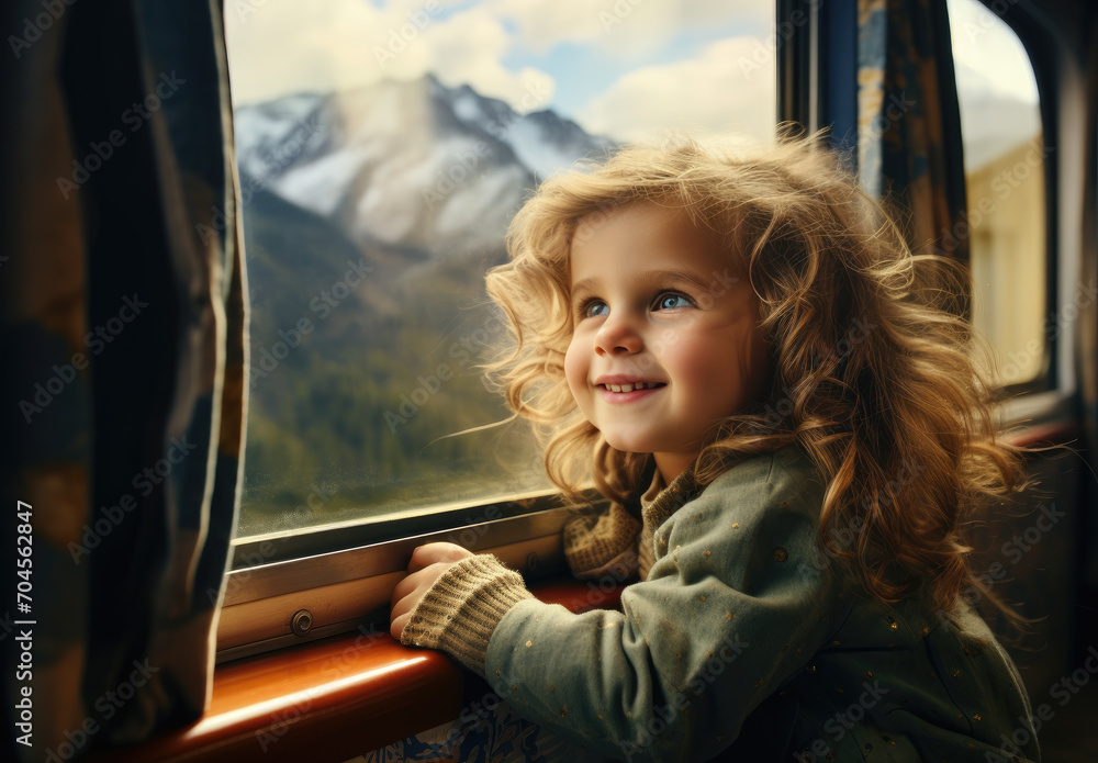 A curious toddler gazes out the train window, her innocent face reflecting the passing mountains and the journey ahead