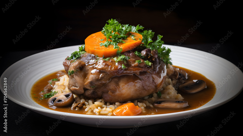 Osso Buco alla milanese, italian cuisine, grilled fresh crosscut  making Osso Buco on meat, garnish with carrot and coriander in white plate, Food recipe background, Close up
