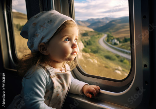 A curious toddler gazes out the train window, her tiny face pressed against the glass as she takes in the majestic mountain view, clad in warm clothing and captivated by the world outside © svastix