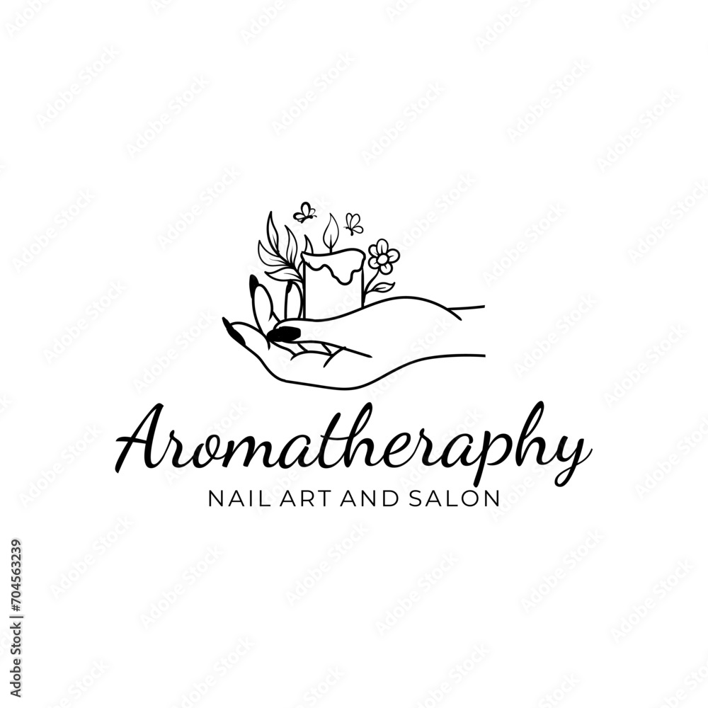 Fototapeta premium Candle on hand logo design. Botanical Candle Logo Design. Minimalist Hand Logo. 