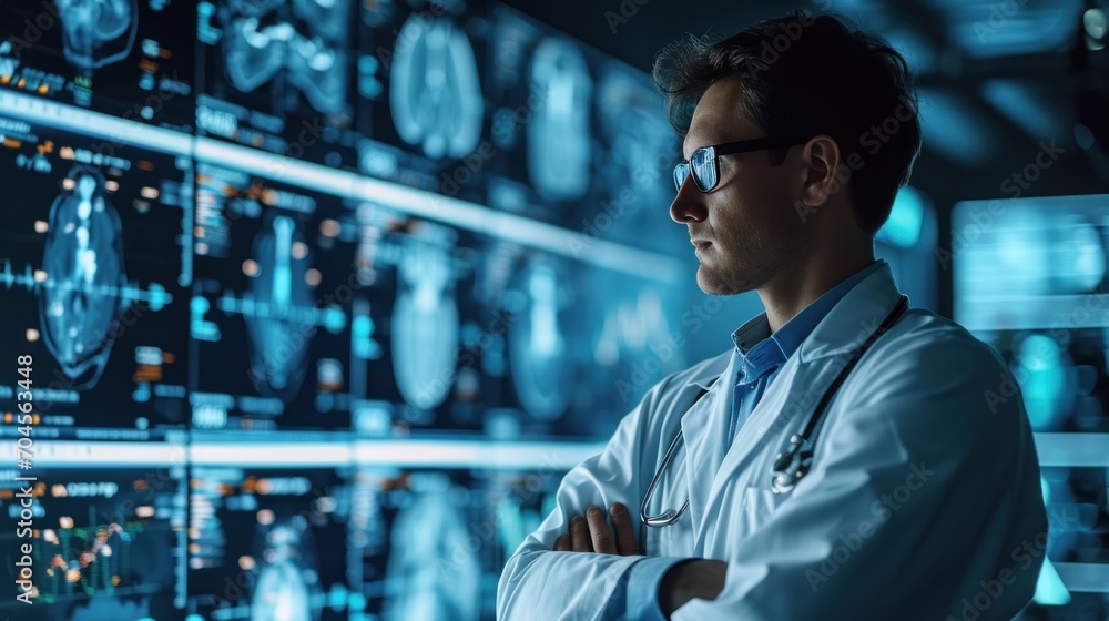 Male doctor with virtual graph data of health care and health insurance business and growth with medical finance and doctor Male doctor with virtual graph data of health care and health insurance business and growth with medical finance and doctor