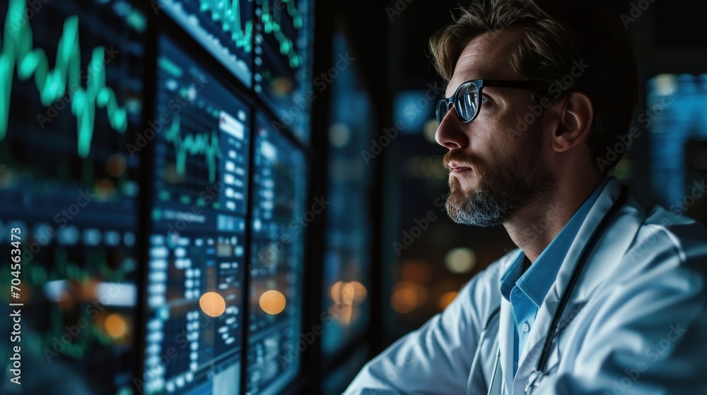 Male doctor with virtual graph data of health care and health insurance business and growth with medical finance and doctor Male doctor with virtual graph data of health care and health insurance business and growth with medical finance and doctor