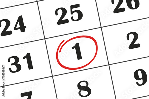 Calendar date, 1 day is circled in red marker. Monthly calendar. Save the date written on your calendar.