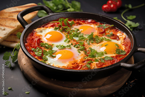 A close-up view of a delicious, sizzling shakshuka with three perfectly cooked eggs, garnished with fresh herbs, served in a cast iron skillet.