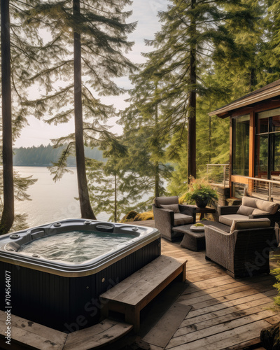Nature's oasis, a tranquil escape on a deck nestled among trees, where one can soak in the warm waters of a hot tub while gazing at the crystal blue lake and endless sky © svastix