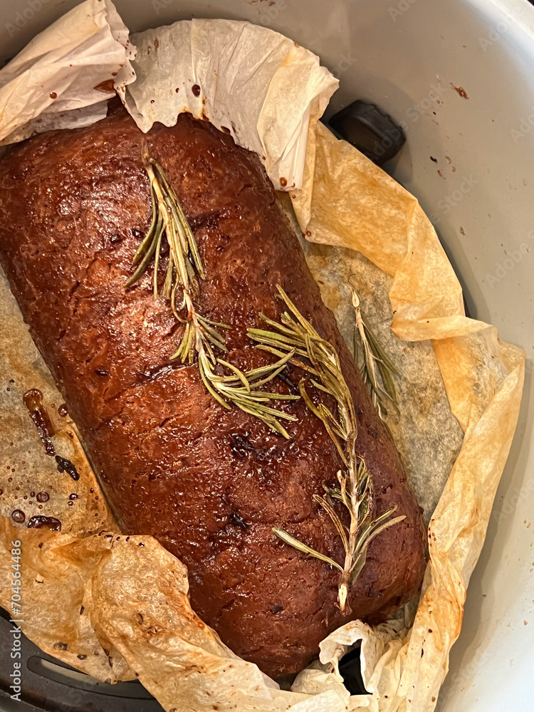 The process of making seitan plant based meat alternative. Air fried