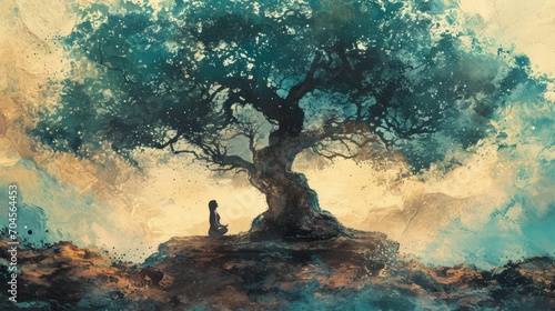 Yoga and meditation in nature, abstract figure in a yoga pose under a giant, ancient tree, spiritual and grounding photo