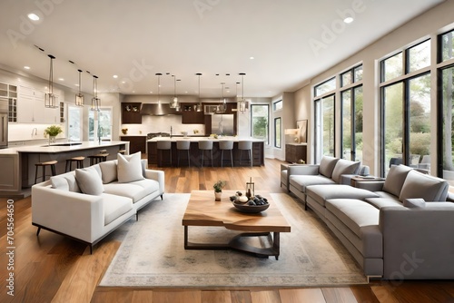 Beautiful living room interior with hardwood floors, view of kitchen and dining room in new luxury home © Hassan