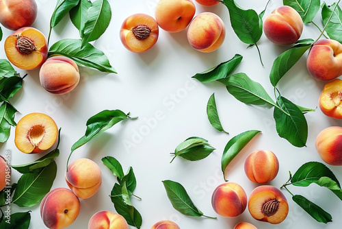 Frame of ripe orange peaches with leaves and fruit halves
