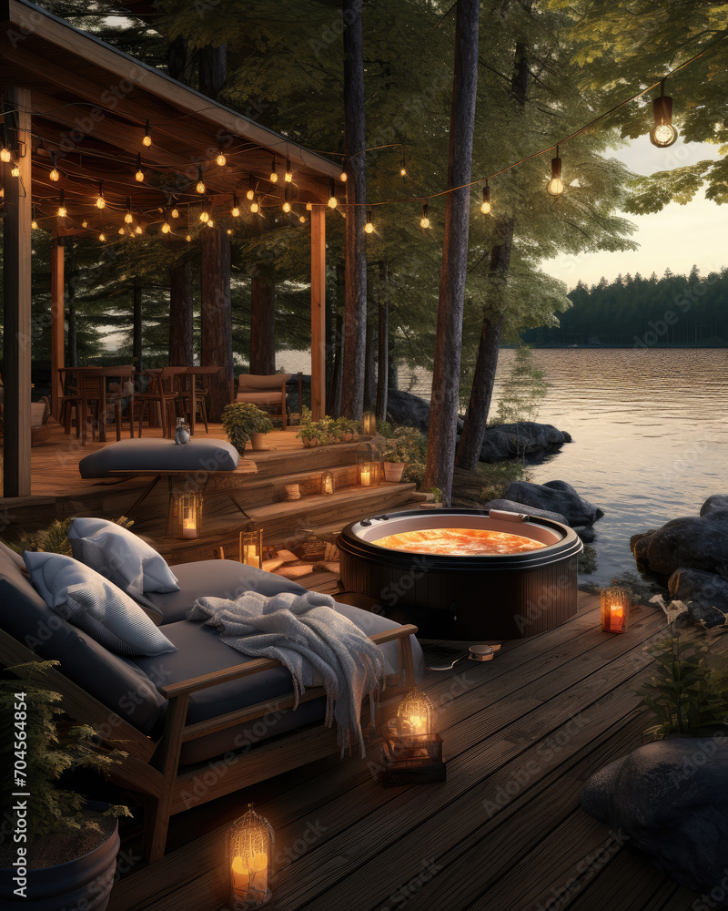 An idyllic outdoor retreat, nestled among trees and overlooking a tranquil lake, complete with a deck adorned with lush plants, a cozy coffee table, and a luxurious hot tub for ultimate relaxation