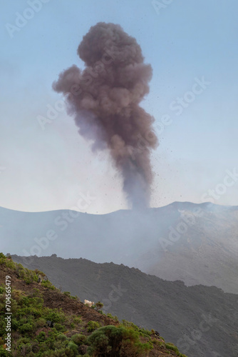 smoke from the erupting volcano on the island of Stromboli