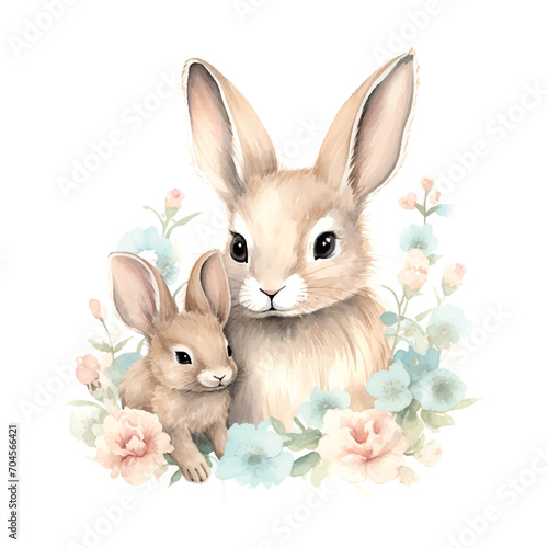 watercolor bunny mother and baby ,on white background, Mother's day