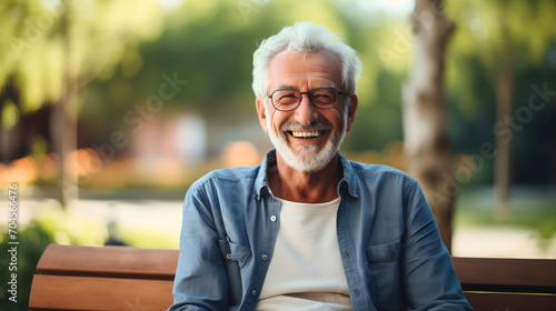 Happy old aged senior man or grandpa with gray hair and beard, sitting on the wooden bench in nature park, wearing glasses, smiling and looking at the camera. Male pensioner person leisure photo