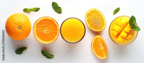 Isolated top view of orange and mango juice on white background
