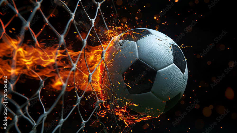 Fototapeta premium Fiery soccer ball piercing and breaking the net of a soccer goal, black background