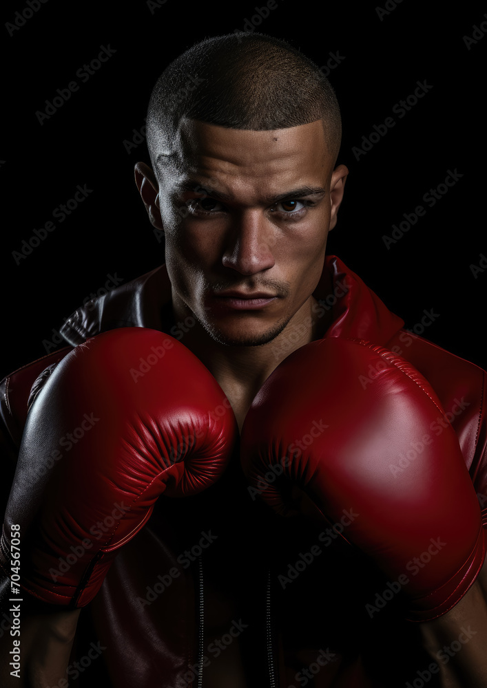muscular handsome male boxer in boxing gloves on a black background, studio photo, portrait of an athlete, training, face, brutal, strong man